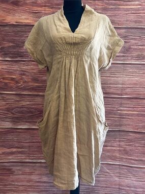 Meo Meli Casual Short-Sleeve Linen midi dress in Khaki | Medium